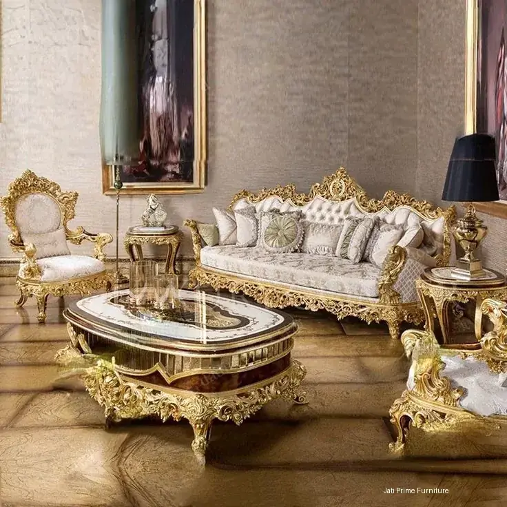 Sofa Bulat Kayu Solid Mewah Yang Di Ukir Dengan Kain, Kombinasi Untuk Apertemen Besar