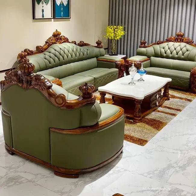 Set sofa klasik mewah dari kulit dan kayu di ukir untuk ruang tamu